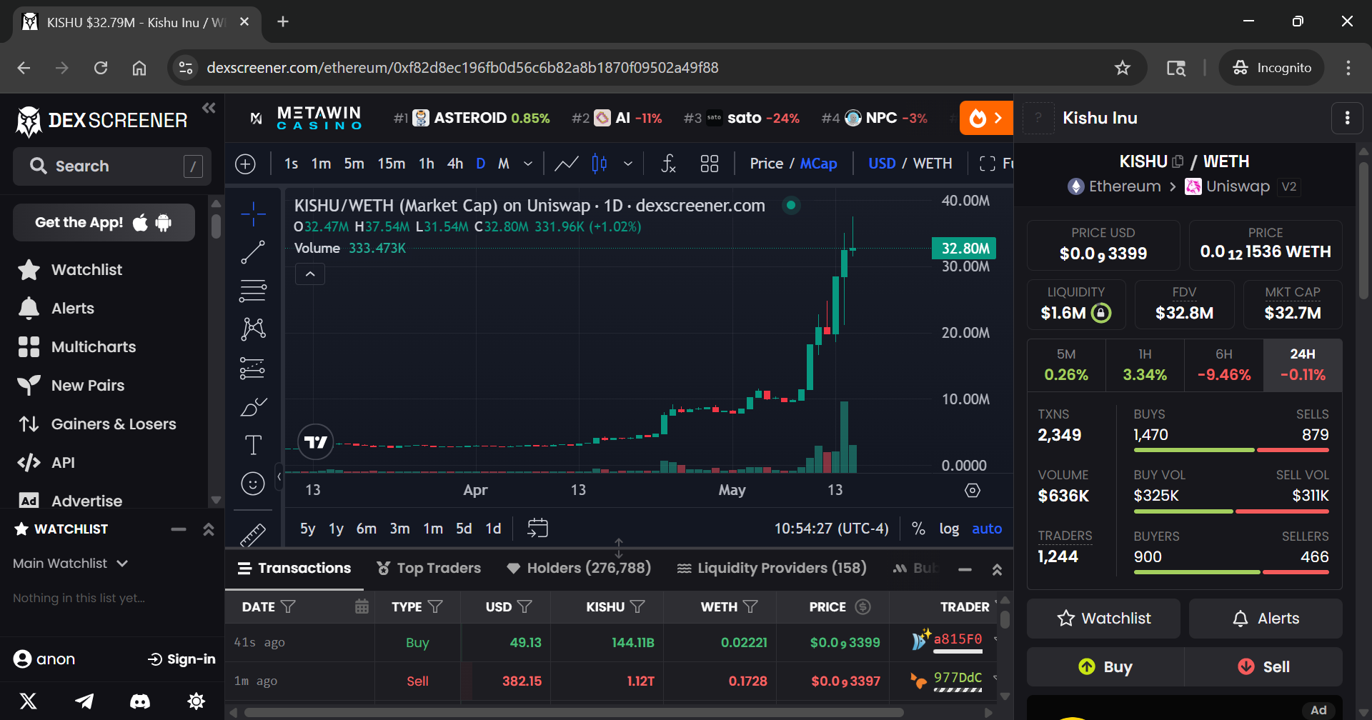 DexScreener Kishu Inu Uniswap chart page